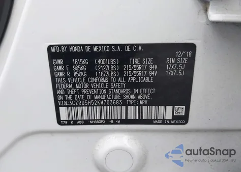 2019 Honda Hr-V Ex from USA, damaged, VIN 3CZRU5H52KM703683